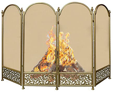 TentHome Kamingitter Funkenschutz Eisen Klappbares Funkenschutzgitter Funkengitter Kamin 4-teilige Kaminschirme Antik Gold