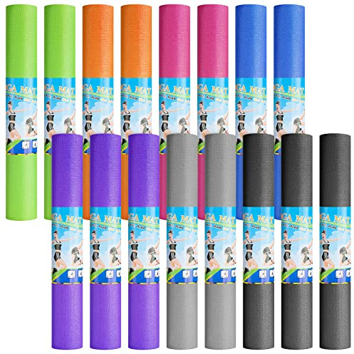 Funtery 16 Pack 3 mm Thick Yoga Mat Bulk, Non Slip Exercise Workout Fitness Pad for Women Men, Gym Home Yoga Pilates, Easy to Clean, Sturdy PVC (Multicolored)