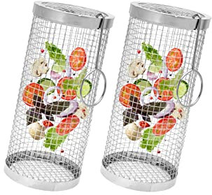 2 Stück Grillkorb, Zylindrischer Grillkorb, Qualitäts Rolling Grillkorb, Grillkorb Edelstahl, BBQ Grillhalter Grillkorb, Grillkorb Zylindrisch BBQ Zubehör für Camping Essentials (20cm)
