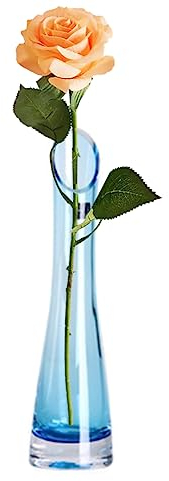 Vaso per fiori in vetro soffiato soffiato a mano, bocca obliqua, vaso singolo, base pesante, stelo singolo, vaso per fiori e boccioli per ufficio, decorazione per casa e matrimoni (blu, 23 cm)
