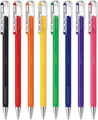 Pentel Mattehop Flüssiggel-Tintenroller, K110-1,0 mm Spitze, 1 von jeder Farbe, 8 Stück, in Kissenverpackung