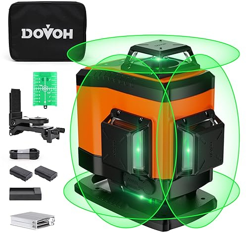 DOVOH Kreuzlinienlaser grün 4×360, Laser Wasserwaage mit Typ-C-Ladeanschluss, laser nivelliergerät selbstnivellierend, Geeignet für Baustellen in Innenräumen, 2 Li-Ionen-Batterien, Class Ⅱ,K4-360G