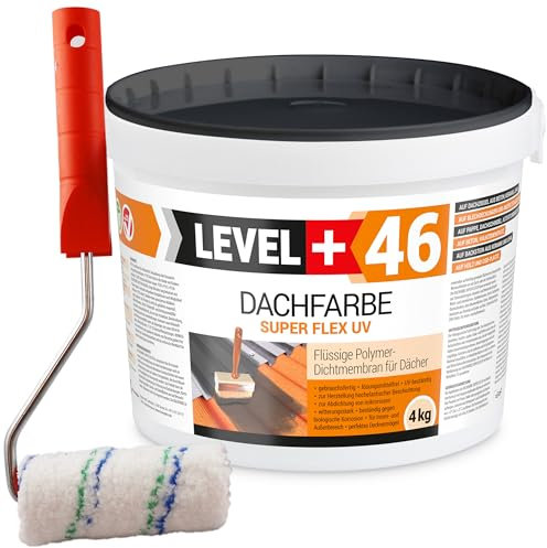 LEVEL PLUS Dachfarbe 4 kg Ziegelrot, Sockelfarbe, Dachlack, Dachsanierung, Flexibler Polymermembran Wetterbeständig + Farbroller 10cm Mikrofaser mit Bügel Set RM46