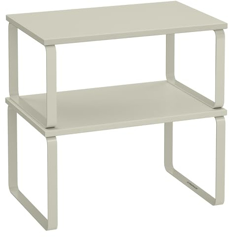 SONGMICS Estante para Especias, Juego de 2, Organizador de Armario, Estante de Almacenamiento de Cocina Extensible, Especiero de Metal y Madera de Ingeniería, Beige Capuchino KCS002K01