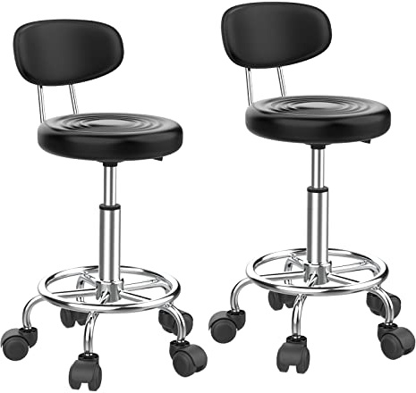 PIPOXER Juego de 2 taburetes de peluquería con Respaldo Taburete rodante, Giratorio de 360°, Regulable en Altura 46,5-61,5 cm, Taburete de Oficina ergonómico, Adecuado para Salones de Masaje