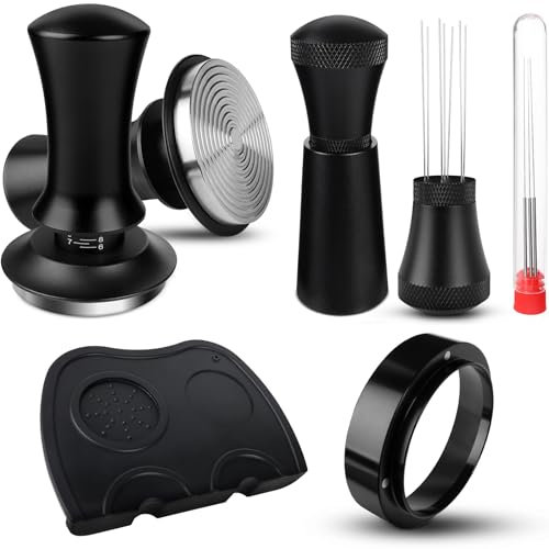 Coffee Tamper 58mm, Espresso Tamper Set with WDT Tool, 58mm Dosing Funnel, Tamper Mat, Spring-Loaded Tamper Flat Stainless Steel Base Compatible with Espresso Coffee Machine