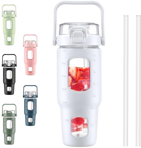 BLUEGO 960ml Glass Water Bottles with Straw Time Marker Half Gallon Large Motivational Water Bottle with Silicone Sleeve 0.96 Liter Large Glass Water Jug for Gym, Sports& Workout, Daily, White