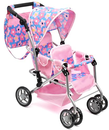 Baby Doll Double Stroller, Twin Buggy Carriage Pretend Play for Girls Kids Toddlers 27 Inches High Rotating Wheels Storage Basket Diaper Bag Blue