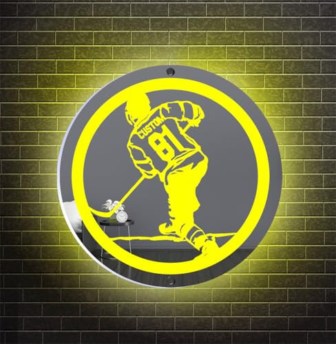 MYZQIFF Personalisierte Hockey Spiegel Neon Zeichen, Sport Eishockey LED Licht Up Neon Zeichen, Hockey Nachtlicht für Wand Dekor, Geburtstag Weihnachten Männer Kinder Jungen Hockey Geschenk