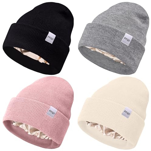 FEQO 4 Pack Satin Lined Winter Beanie Hats Soft Silk Lined Beanies, Pink | Knit Cuffed Beanies Warm Winter Beanies, Soft Knit Caps with Satin Lined Ski Hats, Cozy Cuffed Skull Caps for Men and Women