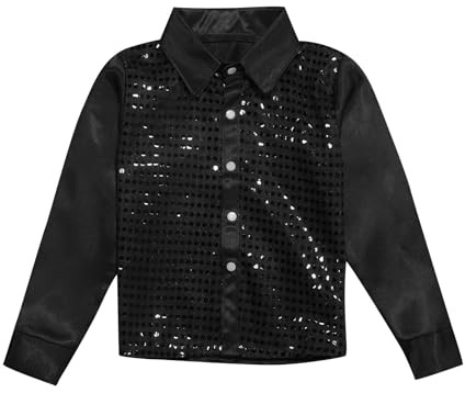 Generisch Maglietta Bambini Ragazze con Paillettes Scintillanti Top da Ballo per Ragazzi Maglietta a Maniche Lunghe con Bottoncini per Costume da Ballo Jazz, Nero , 9-10 Anni