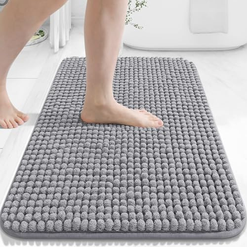 Homaxy Thick Fluffy Chenille Bath Mat, Bathroom Mat, 41×61 cm, Grey | Absorbent, Soft, Non Slip, TPR Backing, Machine Washable, Comfortable, Bathroom accessories, Bath Mats for Kitchen, Entrance