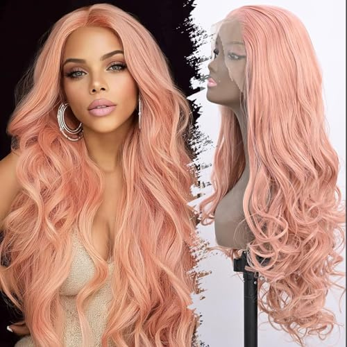 Lange Roségold Synthetik-Lace-Front-Perücke Hitzebeständige Body-Wave-Lace-Front-Wellenperücke Freie Scheitelwahl Natürliche Perücke für Frauen 61 cm / 24 Zoll Modische Klebefreie Perücke