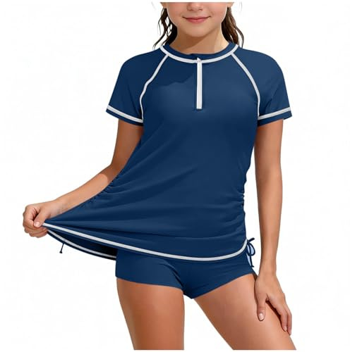 Big Girls Swimming Costume Two Pieces UPF 50+ Swimsuit 7-16 Years, Kids Teens Bathing Suit Short Sleeve Rash Guard Swim Tops Beach with Boyshorts Summer Swimwear