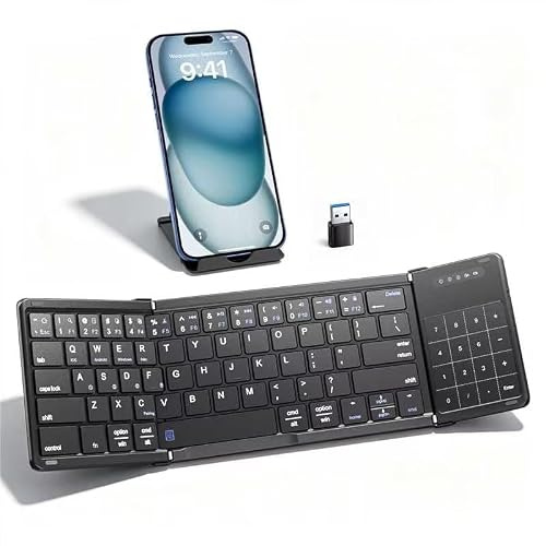Jeifhxu Foldable Bluetooth Keyboard with Touchpad & Number Keypad, 2.4G+ Dual Wireless Portable Mini Folding Keyboard with Trackpad – Rechargeable Travel Keyboard for iPad, Android, iOS, Windows, PC