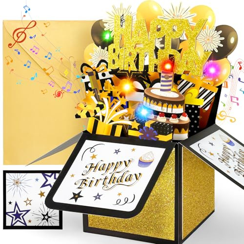 YianHien 3D Geburtstagskarte Mann mit Musik, Licht und ausblasbarer Kerze | Pop Up Karte zum Geburtstag für Männer Frauen Kinder, Happy Birthday Geschenk für Papa Ehemann Opa Freund