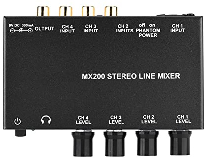 4-Kanal DJ Mixer Mischpult,High Gain Karaoke Mixer 4-Kanal Line-Mixer Eingang+1 Ausgang,Tragbar Noise Cancelling Stereo Sound Mixer DJ-Mischpult für TV/Telefon/FM Tuner (EU-Stecker)