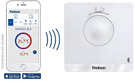 Theben 8120150 Ramses 812 BLE Digital-Uhrenthermostat App Netzversion | Raumthermostat, Bluetooth BLE, App-Bedienung, energiesparende Raumregelung, externer Eingang, Puls-Dazer, Hysterese