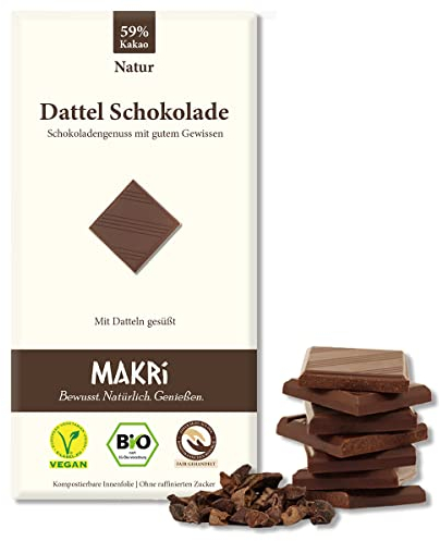 MAKRi® BIO Dattel Schokolade - ohne raffinierten Zucker, Mit Datteln gesüßt, Vegan & Fair gehandelt (Natur 59%, 5 Tafeln)