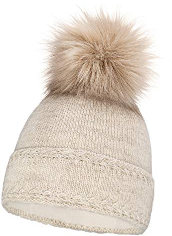 Neverless® gefütterte Damen Strickmütze mit Fell-Bommel und Fleece Futter, Winter-Mütze, Bommelmütze Beige