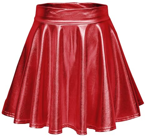 Damen Glänzend Höhe Taille Liquid Mini Rock Metallisch Elastische Taille A-Linien Pull On Skater Röcke (M, Rot)
