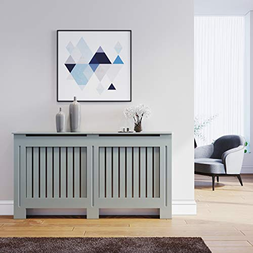 ELEGANT Radiator Cover Grey Painted Modern MDF Cabinet, 19Dx152Wx81.5H cm | Vertical Slats Radiator Cabinets for Office Hallway Living Room Bedroom, Large