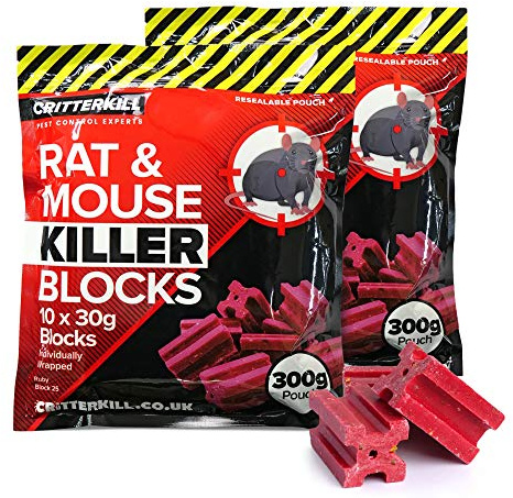 CritterKill Rat & Mouse Killer Poison Blocks 300g – Rat and Mouse Poisoning Sachets - All Weather Block Bait (600g)
