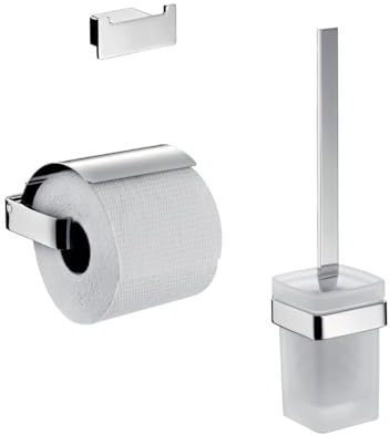EMCO LOFT Badacccessoire-Set, Toilettenpapierhalter mit Deckel, WC-Bürstenganitur & Doppelhaken, elegantes Badezimmerset zur Wandmontage aus Metall, chromfarben