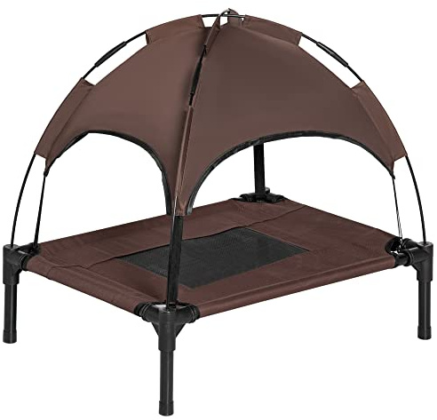 PawHut Erhöhtes Hundebett mit Baldachin Outdoor Kaffee 61 x 46 x 62 cm | Haustierbett, Hundeliege Outdoor mit Dach, Atmungsaktiv Sonnenschutz, Taftstoff, Camping