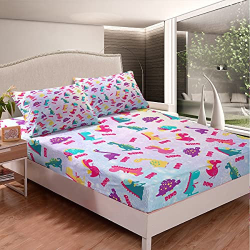 Juego de sábanas bajeras y fundas de almohada de dinosaurio para niños, juego de sábanas de dinosaurio de dibujos animados para niños y niñas, bonitas sábanas de animales de la selva, galaxia colorid