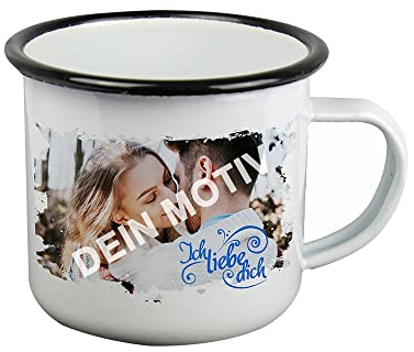Emaille-Tasse personalisiert | Becher aus Emaille mit Bild und Text selbst gestalten | Farbe: Schwarz