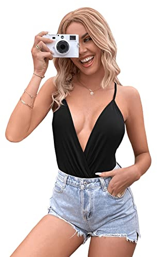 SweatyRocks Women's Deep V Neck Backless Cami Top Ruched Wrap Bodysuit Jumpsuit Black M