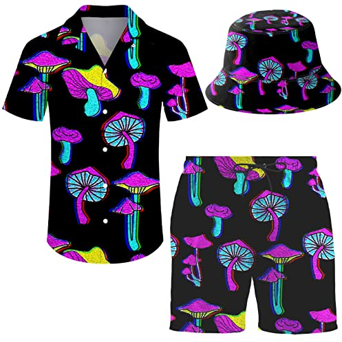 Wdpsuxin Herren 2-teiliges kurzes Set Trippy Dinosaurier Hawaii Button Down Hemd und Shorts Sets mit Bucket Hats, Trippy Magic Mushroom3, Medium