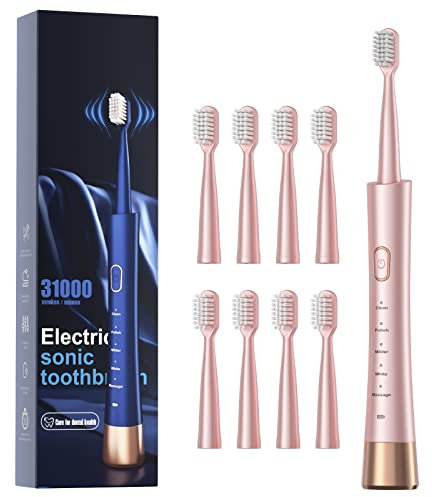 Sonic Electric Toothbrush for Adults, USB Rechargeable Sonic Toothbrush with 8 Brush Heads, Smart Timer, 5 Modes, 2-Hour Fast Charge Last 30 Days, Pink