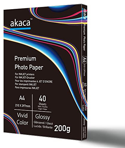 akaca Papel Fotográfico Brillante A4 (210 x 297 mm), 40 hojas, 200 g/m², Premium Glossy Photo Paper, para todas las impresoras de inyección de tinta