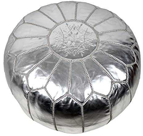 Orientalischer Pouf, Sitzpouf 54 x 34 cm, Silber, gefüllt geliefert, Leder Pouf, Ottoman Sitzhocker, Sitzpuff, Puff, Fußbank, Fußhocker, Bodenkissen, Sitzkissen, Kissen, Hocker 100% Handarbeit