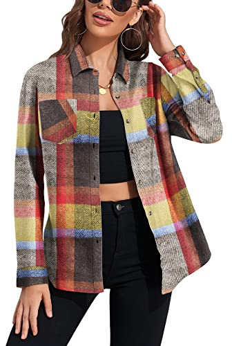 Deer Lady Camicia da donna in flanella scozzese casual button down camicie oversize a maniche lunghe camicetta top, Z-413-rosso Giallo, M