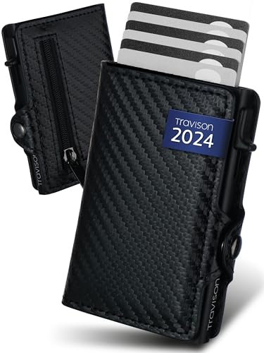 Travison® SMART Wallet mit Münzfach und Geldscheinfach - Kartenetui mit Münzfach und Schnellzugriff - RFID-Schutz - Herren Geldbörse klein - Kreditkartenetui - Geldbörse mini (Carbon)
