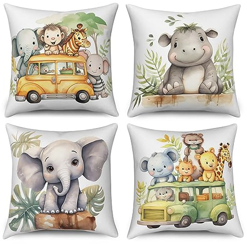 ASDCXZ Kinder Kissenbezug 40x40 cm 4er Set, Niedlich Tier Elefant Nilpferd Löwe Giraffe Sofa Dekokissen Kissenbezüge Kissenhülle Waschbar Polyester Flachs Textil Outdoor Kopfkissenbezug Kissen Bezug