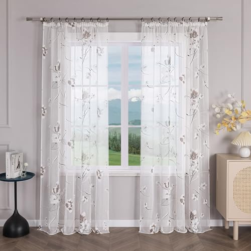 Delien Voile Ausbrenner Gardine mit Kräuselband Blumen B140 x H175 cm, Weiß | 1 Stück,Elegantes Burnout-Blumenmuster,Transparenter Vorhang,Wohnzimmer Gardinenschals,Leicht,Luftig,Modern Stores