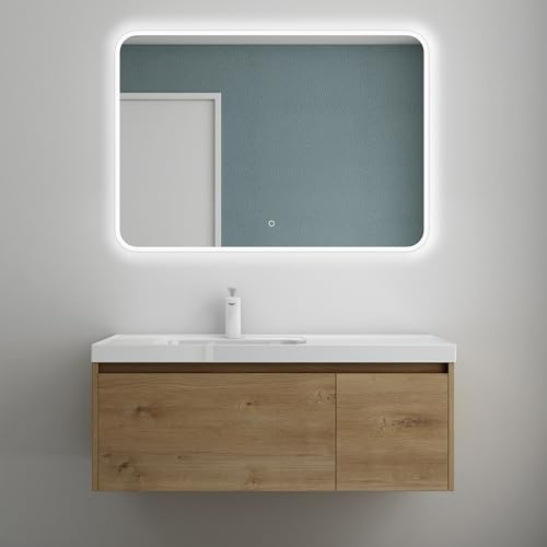 Mai & Mai Badmöbelset Badezimmermöbel Kerneiche Waschbeckenunterschrank 100 cm mit Waschschbecken aus Mineralguss und LED-Badspiegel Salerno