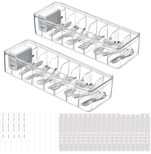 2 Pezzi Scatola Portaoggetti per Cavi, Trasparente Organizer con 8 Scomparti per Famiglia Iscrivania Ufficio Cassetti, 20 Fascette & Etichette Adesive