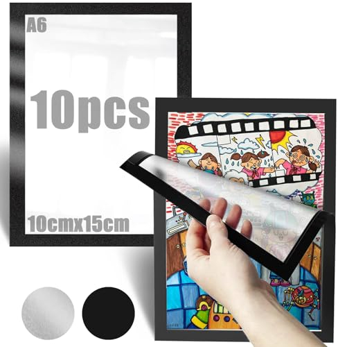 Mbsomnus 10 Pièces Cadre Magnetique 10x15cm Cadre Photo Magnetique A6 Pochette Magnetique avec Le Dos Autocollant Noir pour Famille Mariage Porte Cadre Memo Affiche Vitrine Mural