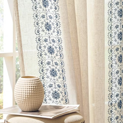 Vangao Gardinen Kurz Blumen Stickerei 2er Set 140B x 225Hcm Boho Blau Beige | Leinenoptik Vorhang Boho mit Verdeckten Schlaufen Vintage Landhausstil Lichtdurchlässig Wohnzimmer Schlafzimmer Küche Fenster