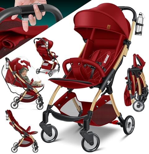 KIDIZ® Kinderwagen Premium Kinderbuggy klappbar Liegebuggy Sportwagen Faltbar 360°Räder 5-Punkt Gurt Inkl. Getränkehalter & Regenabdeckung, verstellbare Rückenlehne & Sonnenverdeck Rot