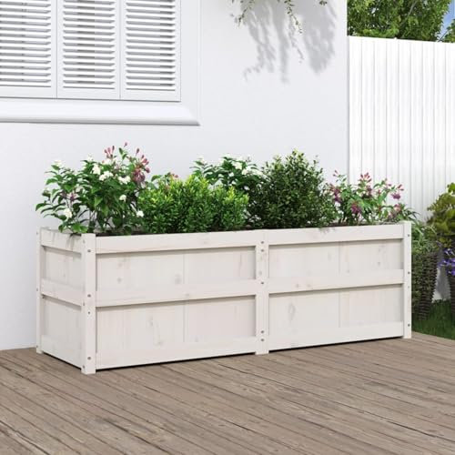 Iiaky Jardinière Blanc 150x50x50 cm Bois Massif de pin,Jardiniere sur Pieds,Bac avec Treillis,Jardiniere Terrasse
