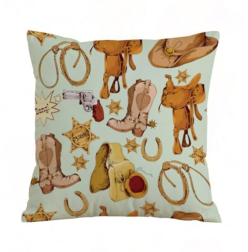 AELKSP Kissenbezug Kissenhülle Haus Dekorativ Für Jungen/Mädchen Wohnzimmer Schlafzimmer Sofa Stuhl Kissenbezüge,Western-Dekor, Wild-West-Cowboy-nahtloses Muster mit Lasso-Pferdesattel, Sher,45x45 cm
