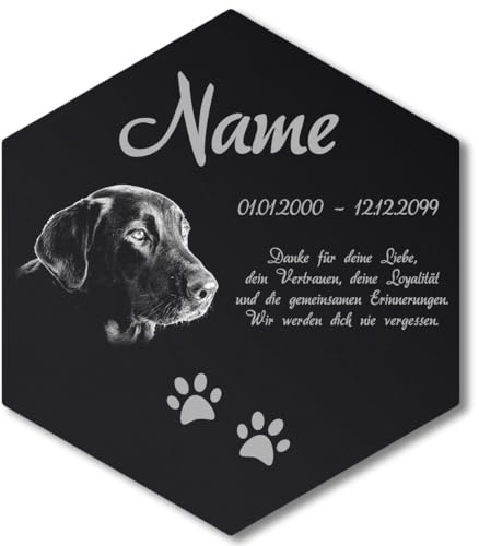 Paule Black Personalisierter Sechseck Grabstein mit Foto Gravur - Acrylglas Schwarz Hochglanz 260 x 300 mm - wetterfest und wasserfest für Draußen und Innen, für Hund, Katze und alle Haustiere