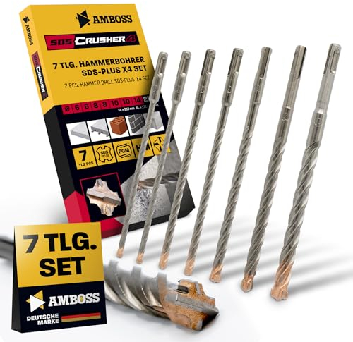 Set di trapani SDS+ con 7 pezzi, 4 taglienti PGM Ø 6-14mm x 210mm - AMBOSS Werkzeuge SDS Crusher 4 - Punta per calcestruzzo in metallo duro professionale - Punta per calcestruzzo, pietra, acciaio e