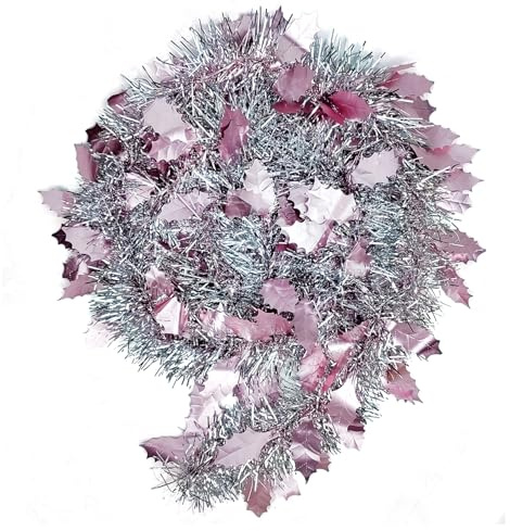 Guirnalda de oropel de Navidad de 32.8 pies con hojas de acebo, guirnalda metálica brillante para árbol de Navidad, techo, escaleras, decoración de fiesta (rosa)